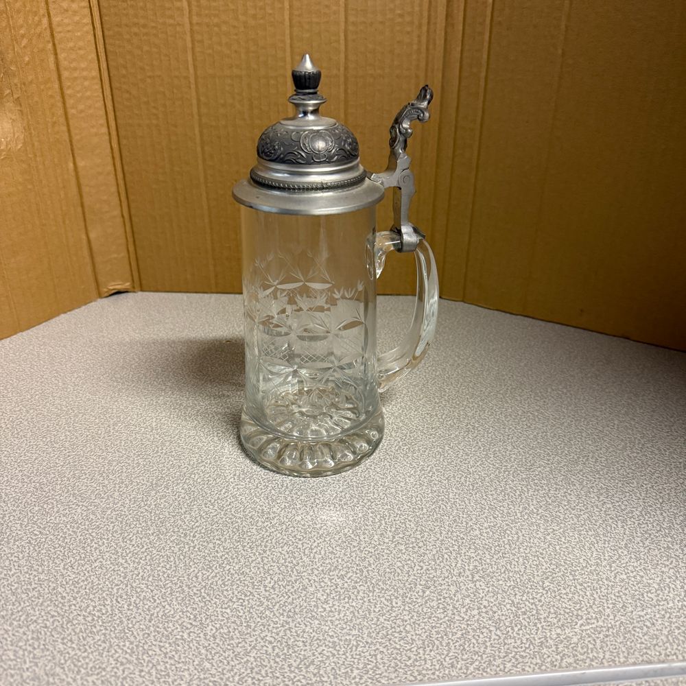 Vintage Glass Beer Stein with Ornate Pewter Lid Crystal Cut Design - Picture 6 of 6